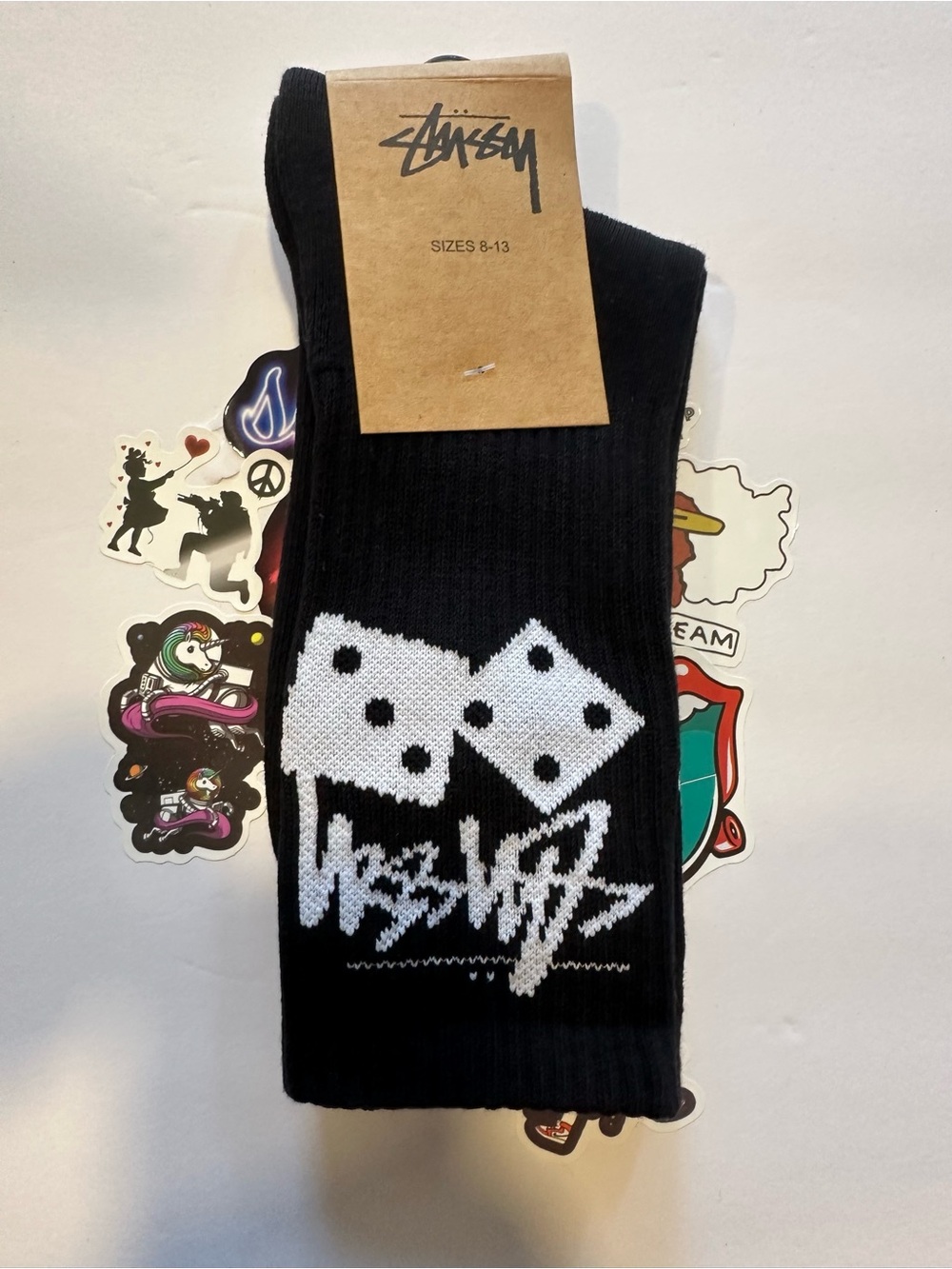 Stussy Long Crew Socks Black/white Size 8-13 NEW Dice Lucky Seven Skateboarding